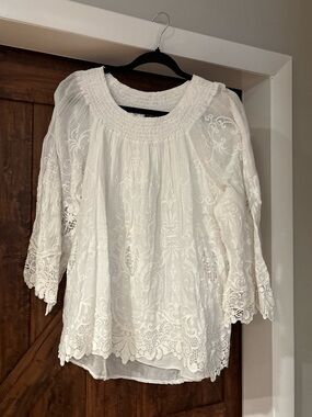 Saks Fifth Avenue White Lace Peasant Top with Smocked Neckline
